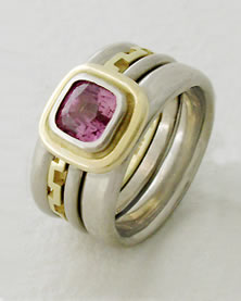 Five band 'Stacking Ring Single-stone' with a cushion cut pink Sapphire